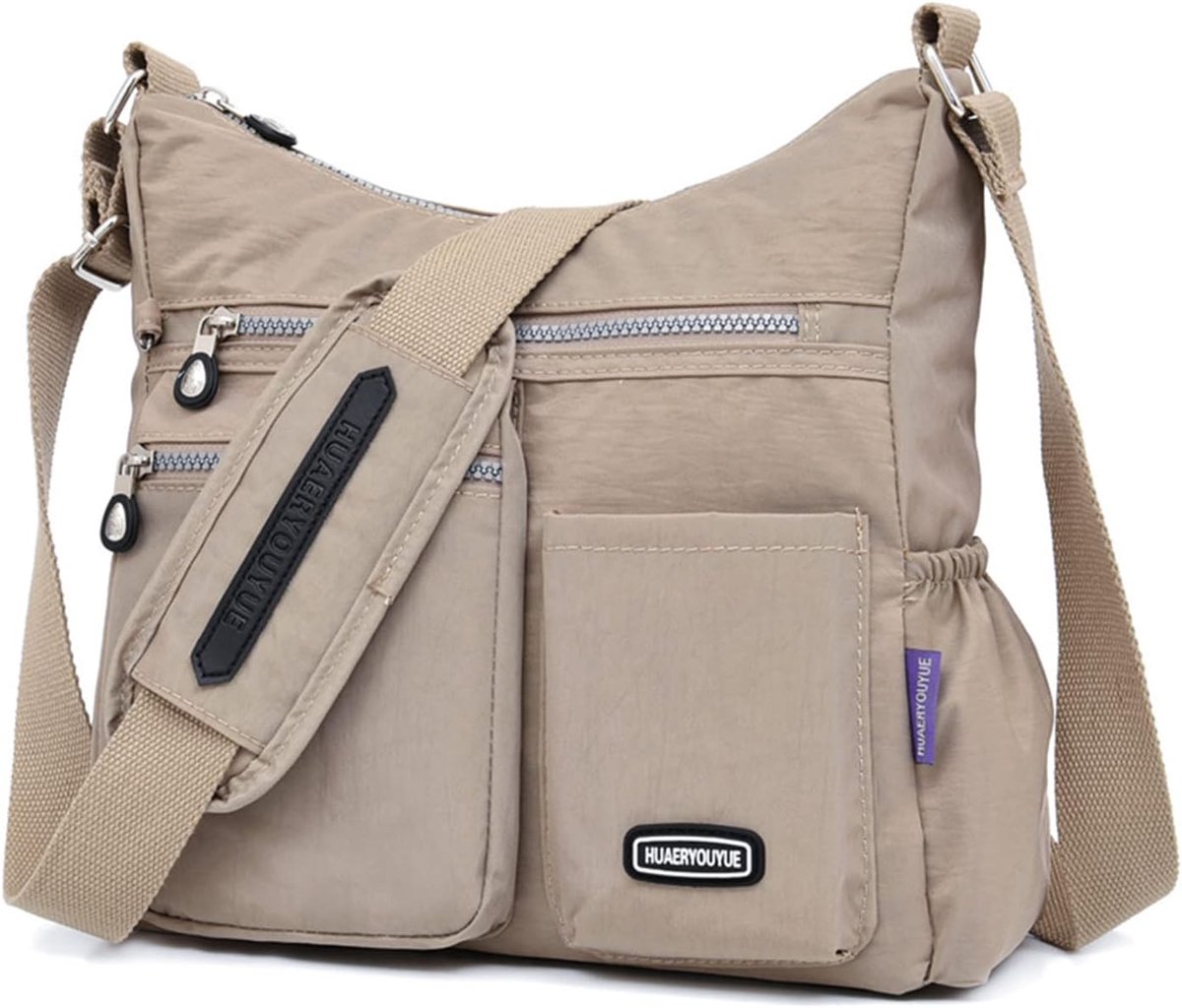 SnelShoppen - Schoudertas voor dames, lichte nylon handtas, waterdichte beige schoudertas met meervoudige vakken voor dagelijkse gebruik, vakantie, ui