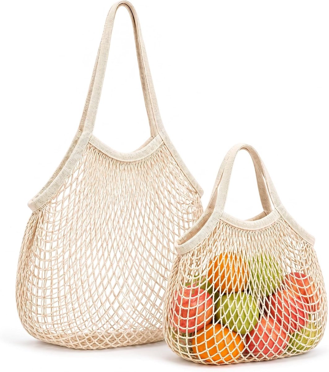SnelShoppen - 2 Stuks Herbruikbare Boodschappentassen Beige Mesh Draagtassen van Katoen-Polyester, Opvouwbare Boodschappentas met Lange en Korte Hengs