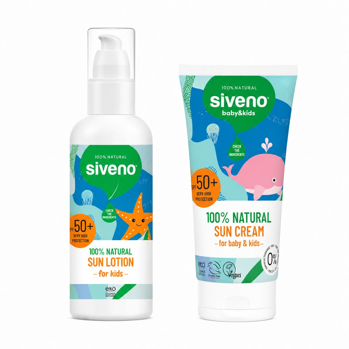 Siveno Natuurlijke SPF50+ Zonbeschermingsset | Baby & Kind Zonnelotion 100 ml + Zonnecrème 50 ml