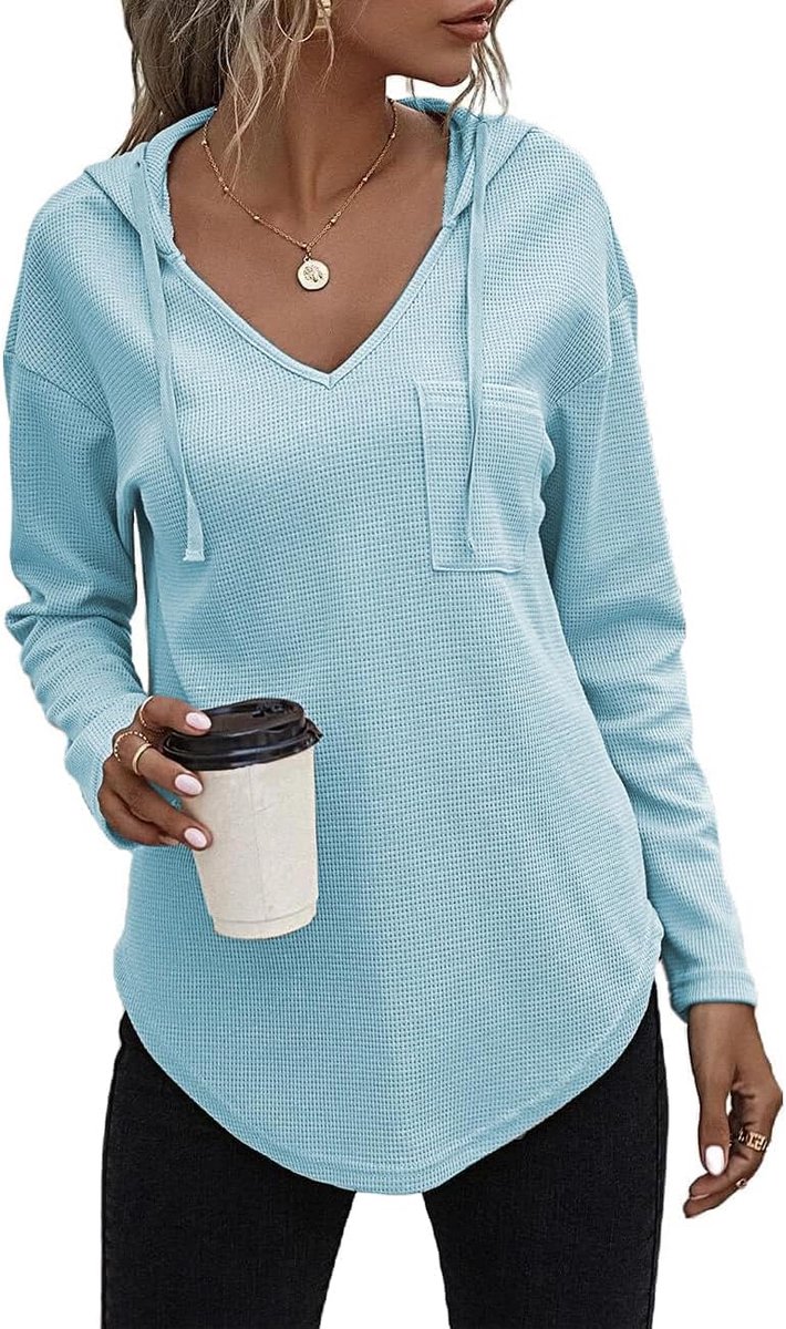 Pullover dames hoodie lange mouwen V-hals pullover sweatshirt hoodie effen trekkoord top, hemelsblauw, 2XL