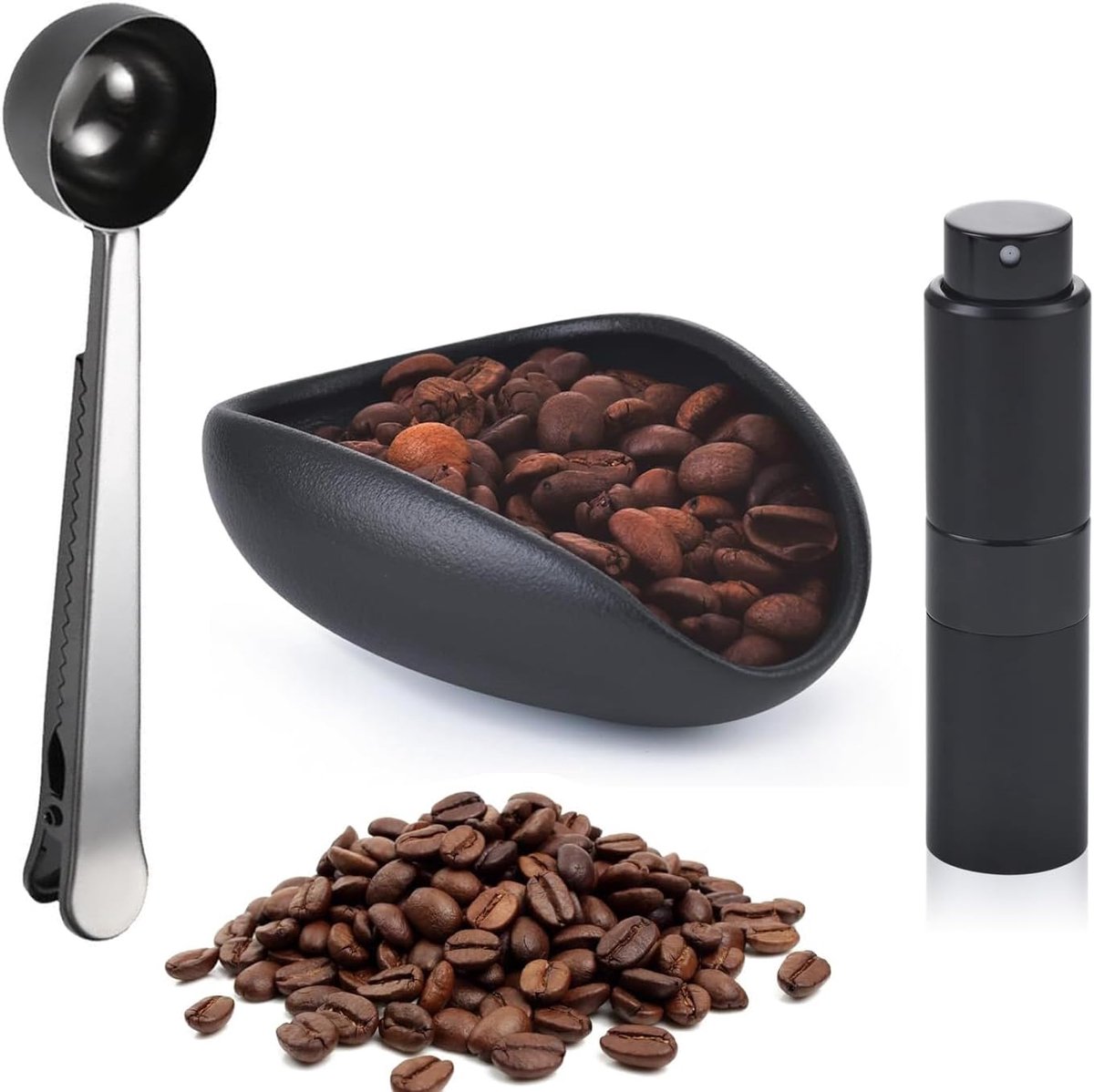 Koffiebonen-doseerbeker, koffieschep met clip, spuitflessenset, espresso-accessoires, koffieaccessoires voor de koffiebar, zwart