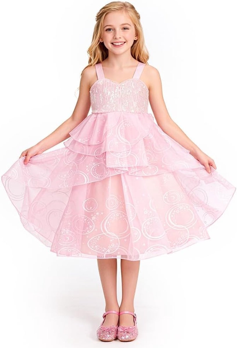 Prinsessenjurk voor kinderen, meisjes, prinsessenjurk, Glinda, roze, avondjurk, tule, prinsessenjurk, pailletten, kinderen, avondjurk voor meisjes, 5-12 jaar