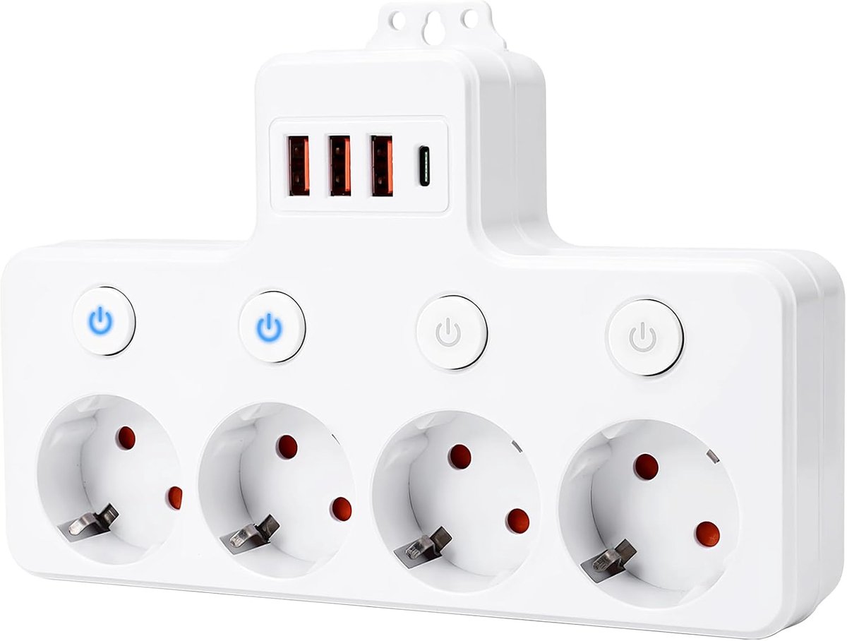 Stekkerdoos met individuele schakelaars, wandmonteerbare stekkerdoos met 4 USB-poorten, stekkerdoos met overspanningsbeveiliging, flexibele desktop-stekkerdoos met 4 USB-poorten (1x Type-C) – ideaal voor thuis, in de keuken en op reis - wit