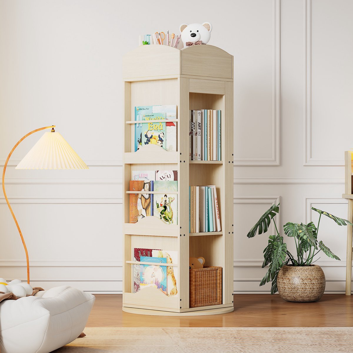 MODENUIT Boekenkast - Draaibaar 360 - Open Kast Voor Kinderkamer En Leeshoek - MDF - Naturel - 142x63x63 Cm