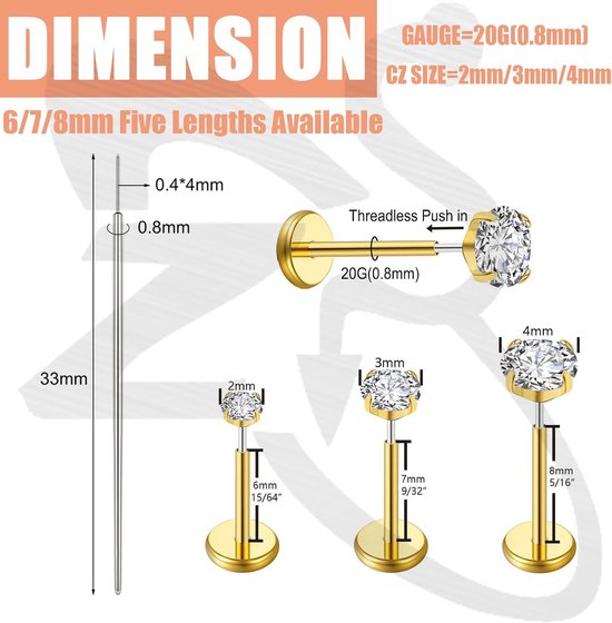 16G 18G 20G Threadless Labret Stud, 6 Stks Roestvrij Staal Flatback Stud Oorbellen Kraakbeen Tragus Oorbel voor Vrouwen Hypoallergeen Monroe Medusa Piercing Sieraden — afbeelding 4