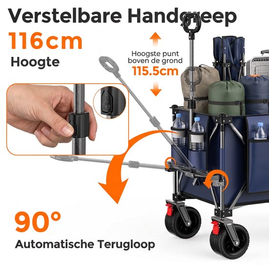 Opvouwbare Bolderkar - 300L+120L Strandkar - Tuinkar - Transportwagen - Achterklep - Brede Wielen - Snel Inklapbaar - Robuust Frame - Camping - 180cm - Vervoeren - Blauw van Opvouwbare Bolderkar — afbeelding 4