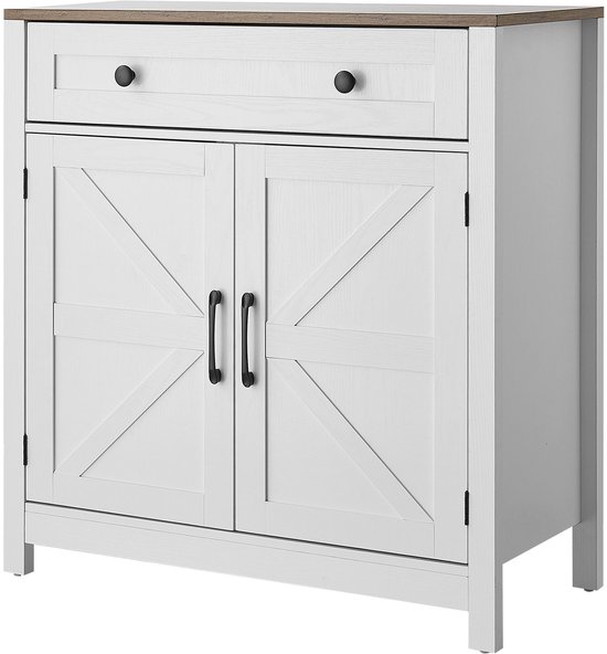 Witte kast met bruin tafelblad, X-deuren, metalen handgrepen en een lade, op witte poten.