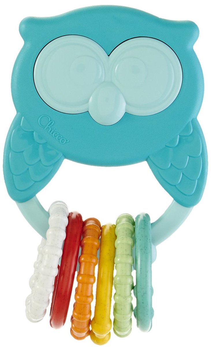 Chicco ECO+ Owly Rattle - Uiltje Rammelaar / bijtringen - Prikkelt de Zintuigen & Fijn voor Tandjes - Blauw (3-18M)