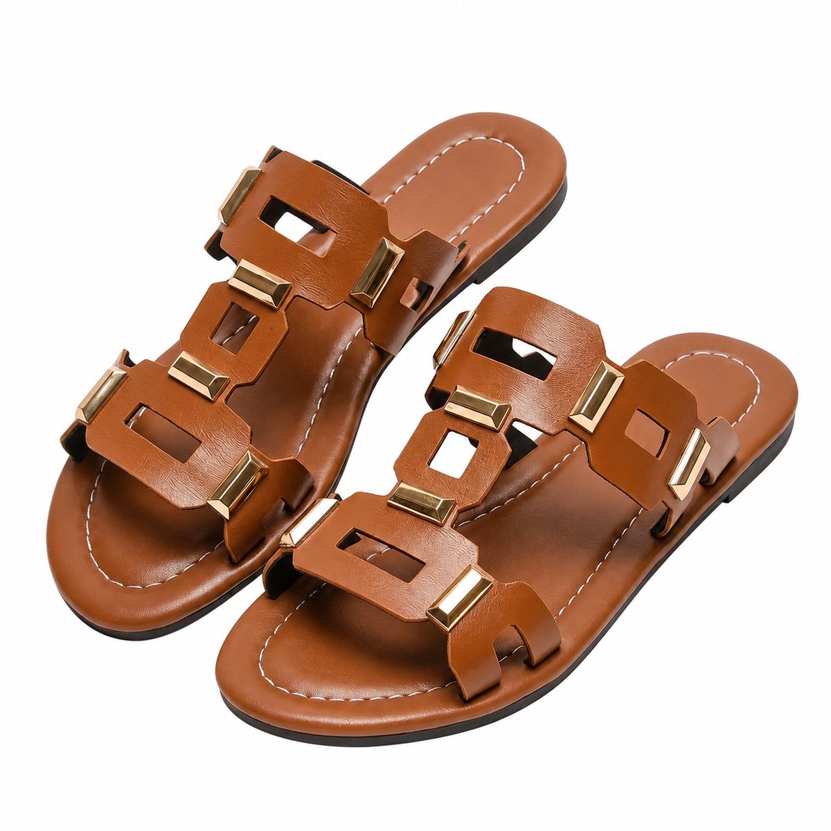 Bruine dames slippers platte instap sandalen open teen met goudkleurige metalen details casual zomer slippers voor strand vakantie en dagelijks gebruik maat 37