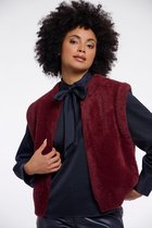 Model draagt een donkerrode gebreide gilet met ritssluiting over een navy blouse met strik. Haar hand rust op de gilet.