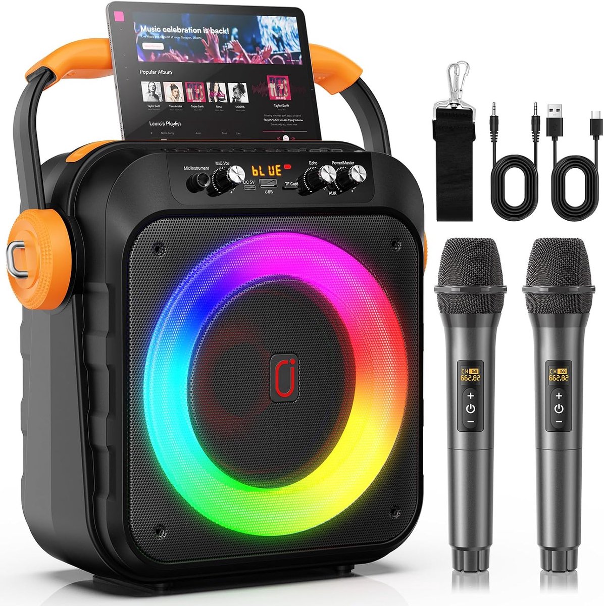 SnelShoppen - Karaoke machine met 2 microfoons, draadloze karaoke-systeem, bluetooth-luidspreker, led-lichteffecten voor volwassenen en kinderen, perf