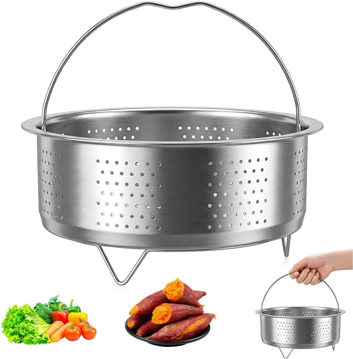 Stoommand van roestvrij staal 304, stoominzet met handvat, vergiet voor potten en snelkookpannen voor het stomen van groenten, fruit en eieren (20 cm)