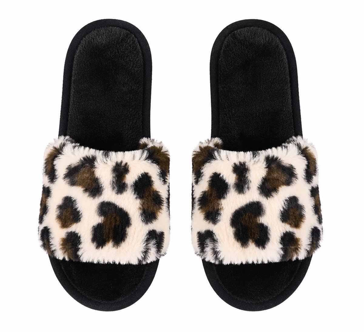 Beige dames pantoffels instap slippers pluche luipaard print warme huis slippers zachte zool open teen winter slippers maat 36
