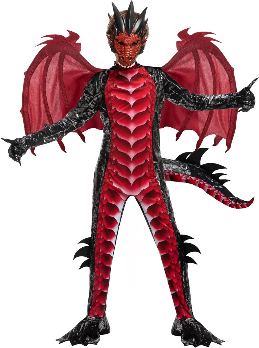 Creations Drakenkostuum voor jongens (zwart blauw of zwart rood), drakenvleugels, staart en maskerset voor Halloween, verkleedpartijen en cosplay