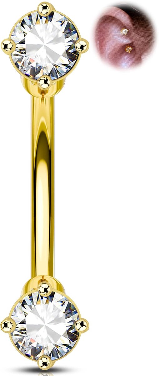 16G Gold Curved Wenkbrauw Barbell, 316L chirurgisch staal Rook Piercing Sieraden met 2 sprankelende CZ stenen, zilveren helix oorbel 6/8 mm
