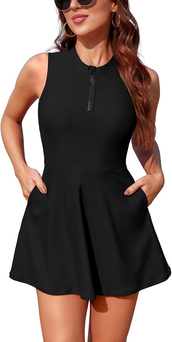 Badpak voor dames, buikweg, eendelig, met ritssluiting, badmode, zwempak, badpak met rok + aparte bikinibroek
