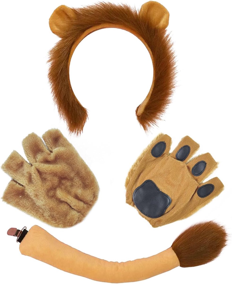 3-delig kostuum, leeuwenkoning, oren, hoofdband, staart, handschoenen, leeuwenkostuum, accessoires, voor volwassenen, kinderen, carnaval, themafeest, leeuwenkostuum, accessoires