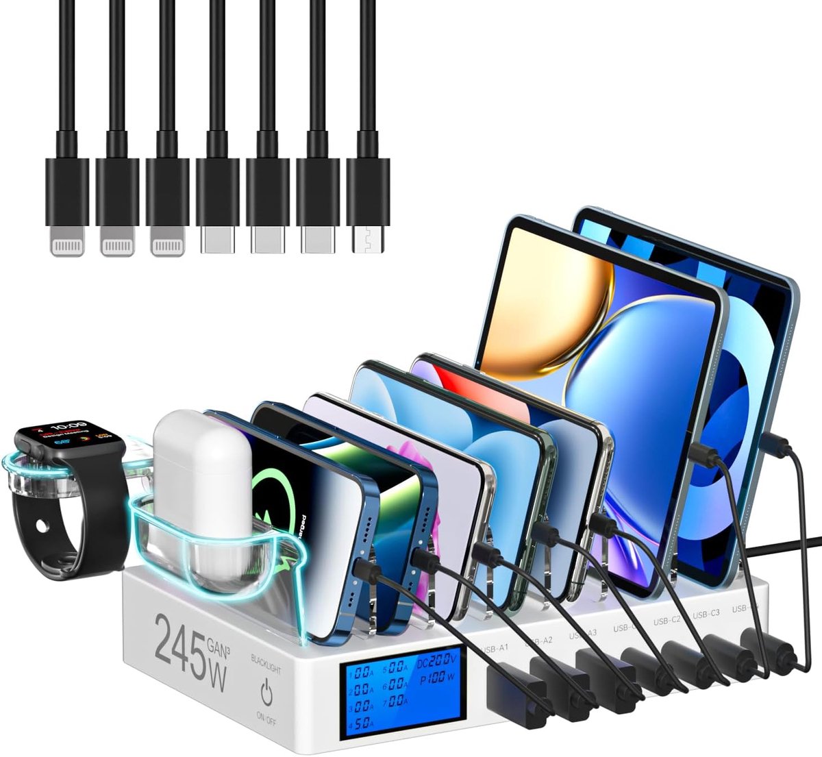 Laadstation met 245 W, 7 USB-poorten, met lcd-display, laadstation voor mobiele telefoons, voor iPhone, tablets en andere elektronische apparaten, wit (met 7 kabels)
