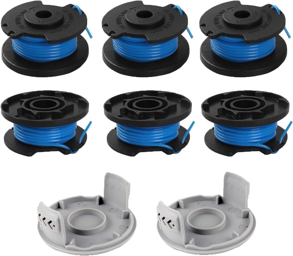 Spoelen voor Ryobi, vervangende spoel draadspoel trimmer voor Ryobi One+ RAC124 AC14RL3A OLT1823 OLT1832 18V 24V 40V grastrimmer draadsnijder, 6 trimmerspoelen 2 doppen (3,4 m, diameter 1,65 mm)