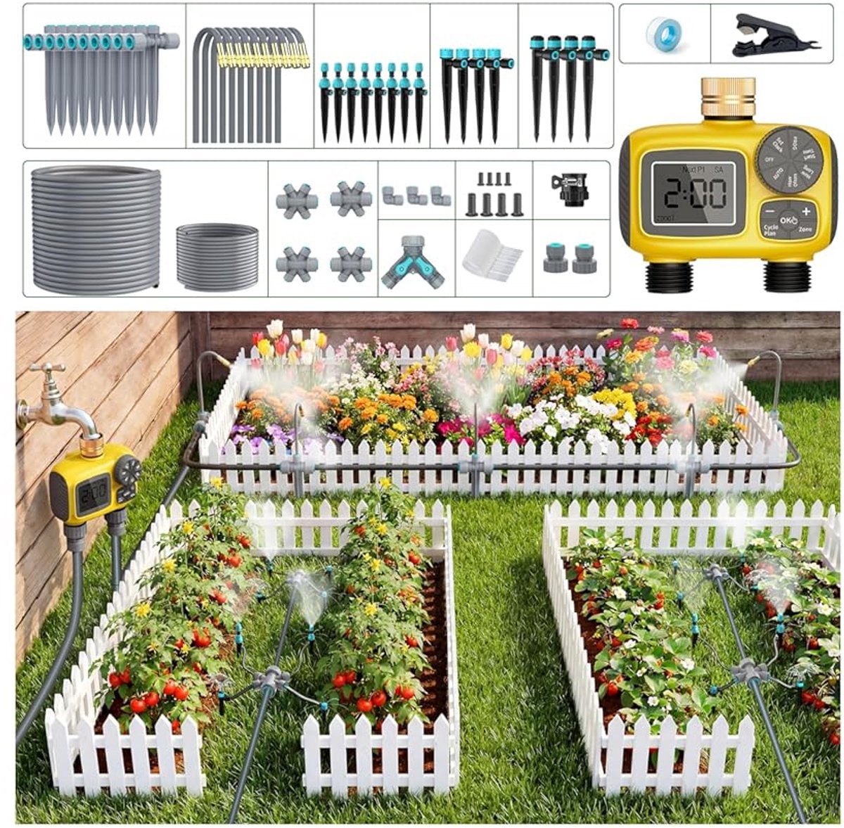 Druppel- en sprinklerset met twee uitgangen, automatisch bewateringssysteem met meerdere druppelaars, geschikt voor tuinen, terrassen, kassen en moestuinen