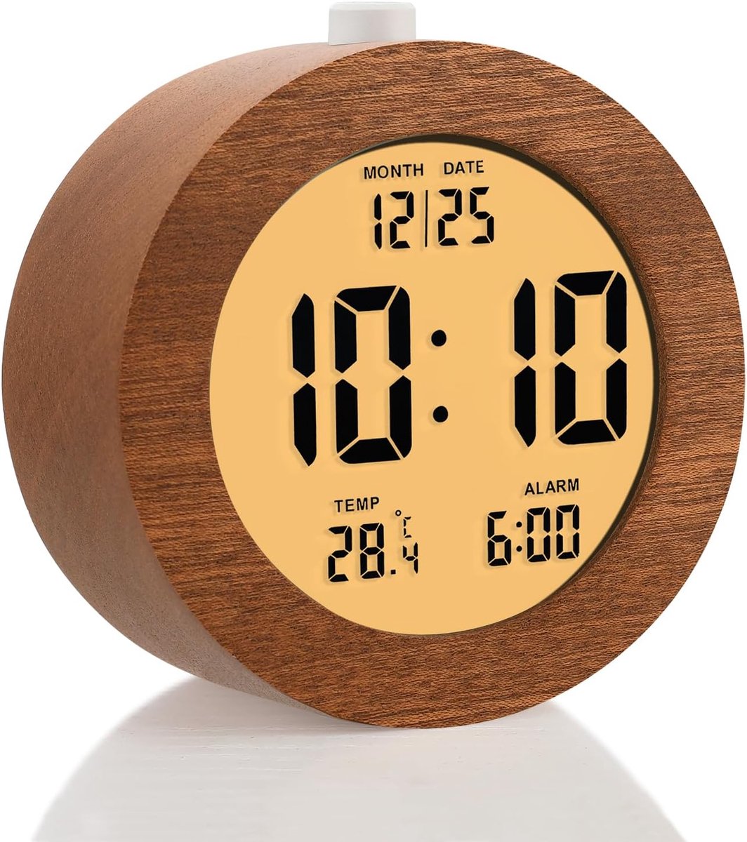 Houten Digitale Wekker, Houten 4'' Wekker op Batterijen met Sluimerfunctie en Nachtlampje, LCD-Bureauklok met Weergave van Tijd/Datum/Temp (Sapele, Rond 4.1'')