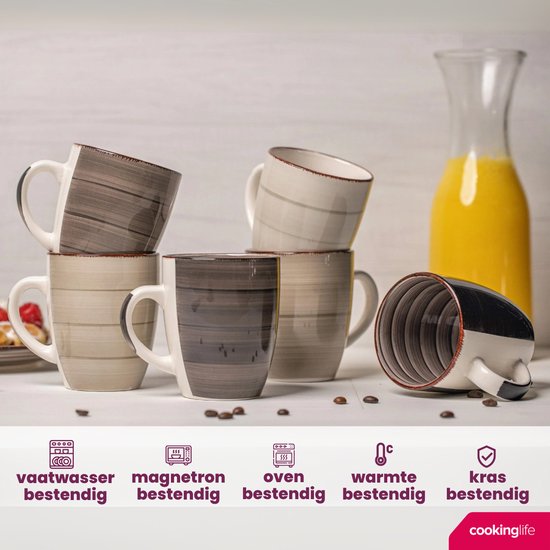 Stapel mokken in grijze en beige tinten, vaatwasser- en magnetronbestendig.