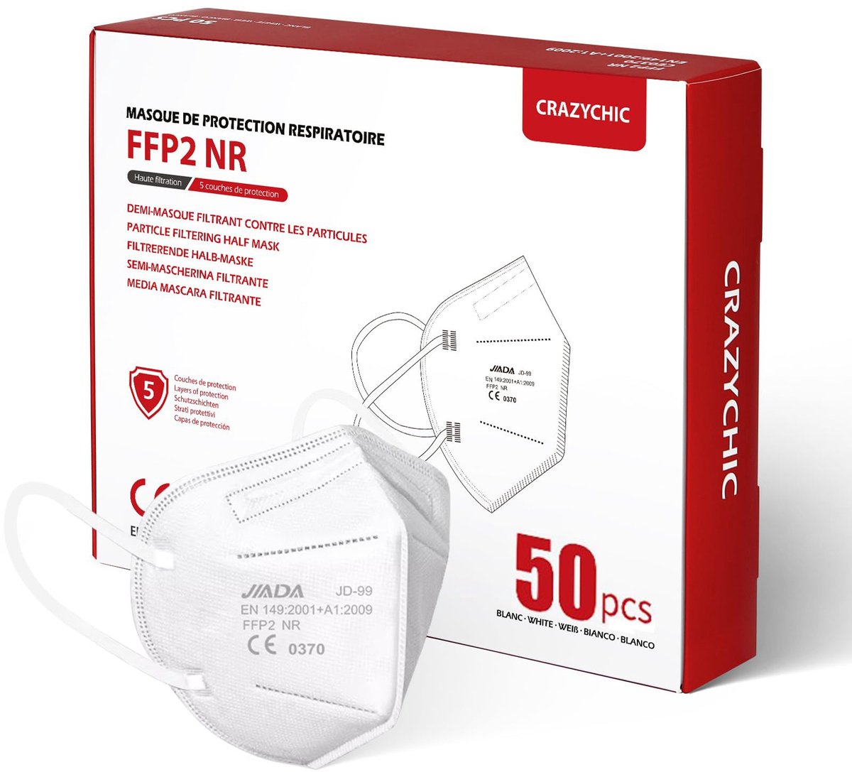 SnelShoppen - 50x FFP2 NR Masker Wit - CE Gecertificeerd Ademhalingsmasker - Hoge Filtratie 5 Lagen Mondmasker - Individueel Verpakt Beschermmasker vo