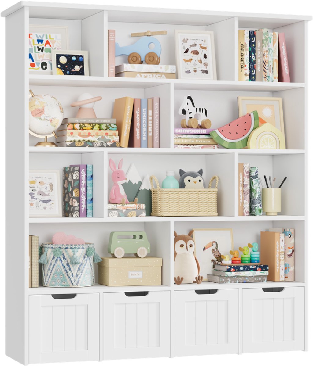 Kinder Boekenkast met Speelgoedopslag – Voor Kinderkamer en Speelkamer – 11 Planken en 4 Ladebakken op Wielen – Wit Hout 125,5x33x146 cm