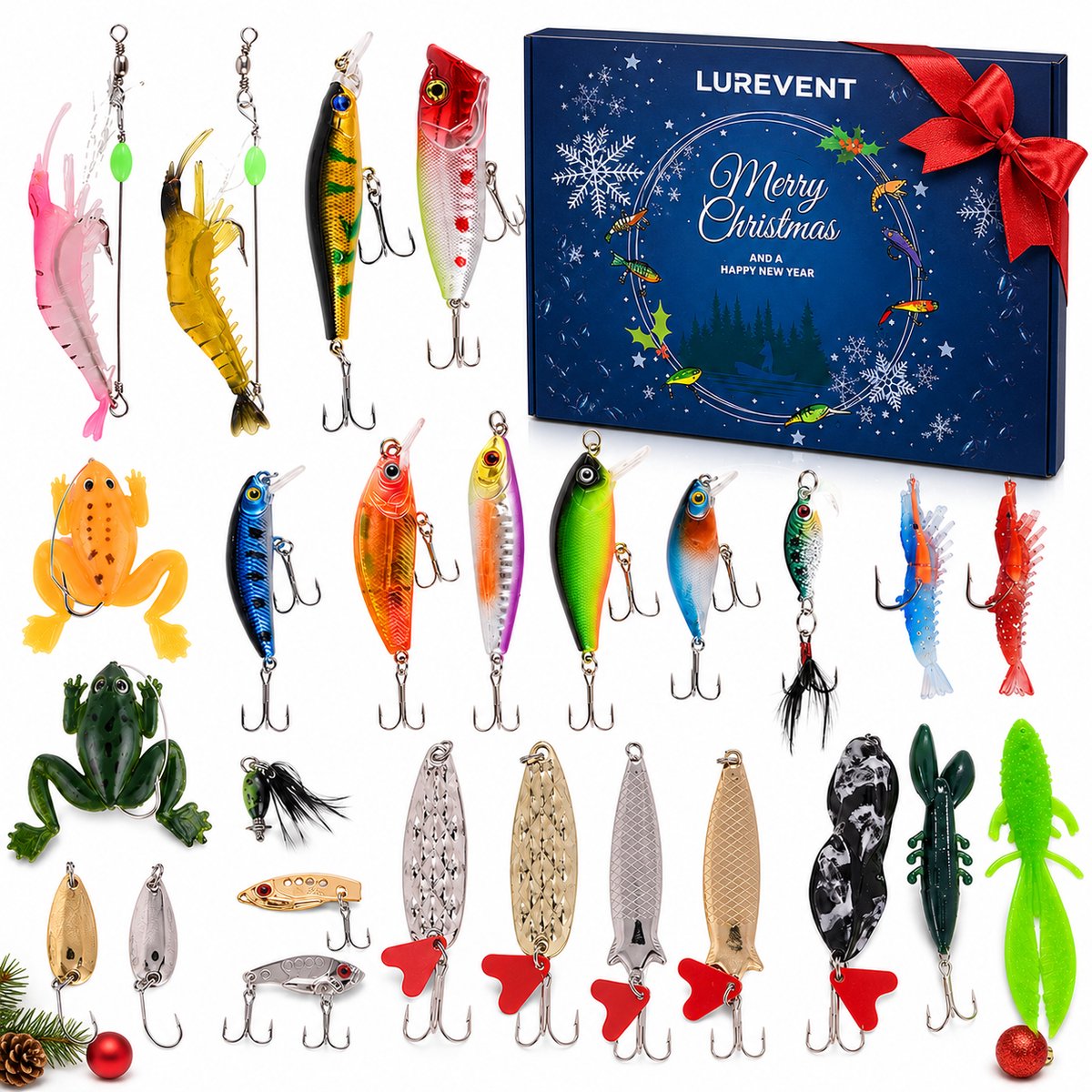 Jojoy - Vis Adventskalender - 24 Dagen Kerstmis Countdown - Kunstaas Set & Visaccessoires - Hengelsport Kerst Cadeau voor Mannen & Vissers - Zoetwater - LUREVENT