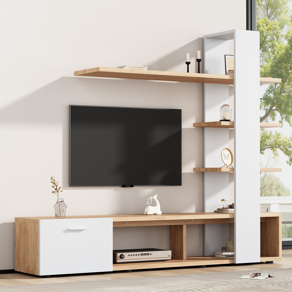 COVREO TV meubel 180 x 33,5 x 151,5 cm wit hout, spaanplaat met open vakken