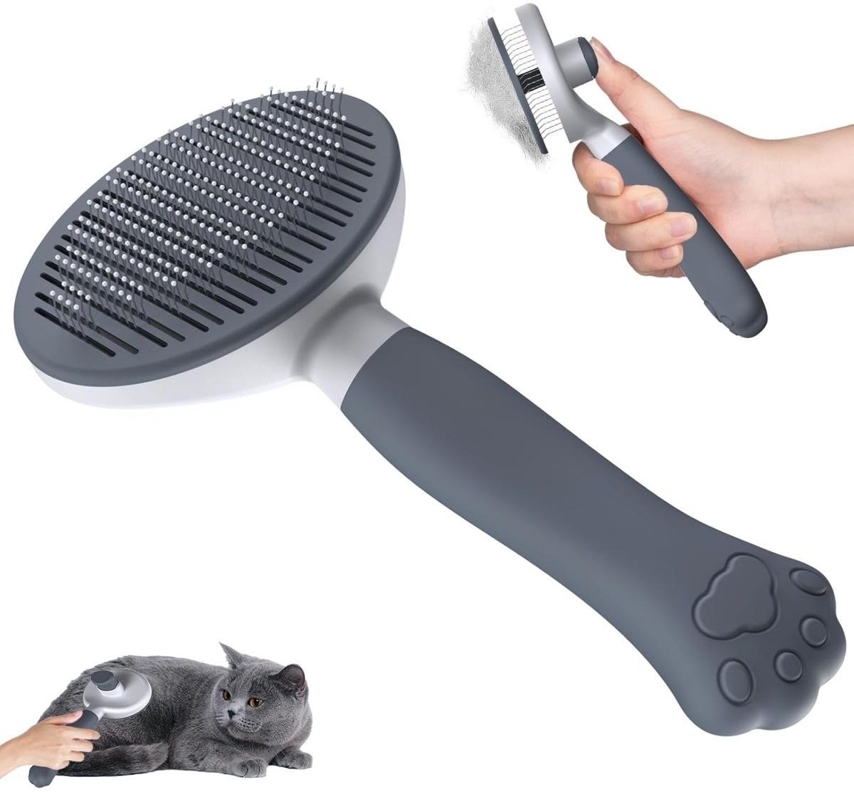 SSTRWGOOD Multifunctionele borstel geschikt voor katten en honden - Ergonomische handgreep - Zelfreinigende borstel - Onderborstel - Geschikt voor kortharige en langharige honden/katten/konijnen - Grijs