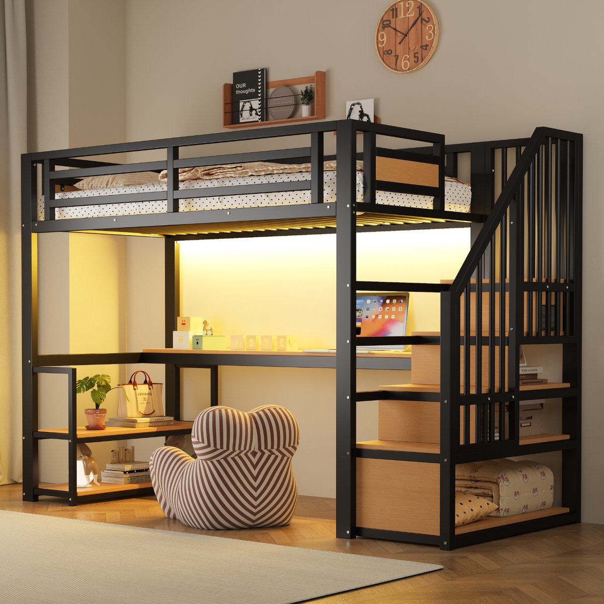 COVREO Hoogslaper 90x200 cm zwart, metaal en MDF met bureau