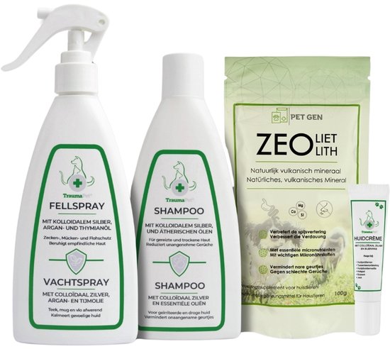 TraumaPet Vachtspray, Shampoo en Huidcrème, met zilver en arganolie, voor huisdieren.