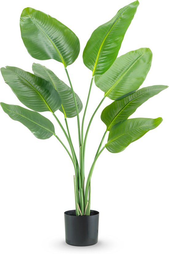 Kunstplant Strelitzia met acht grote, groene bladeren met gele accenten en een donkergrijze pot.