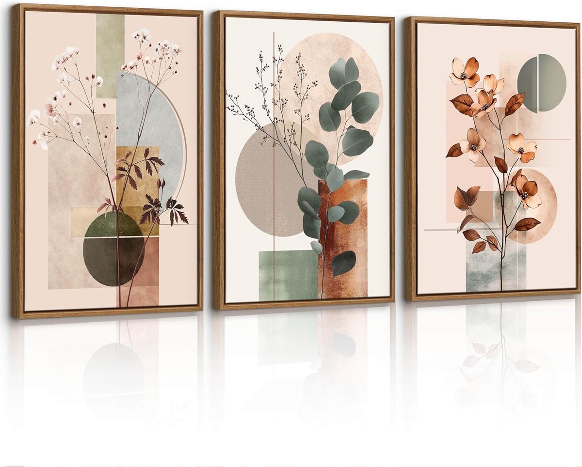 SnelShoppen - 3 Stuks Beige Geometrisch Botanisch Canvas Afbeeldingen met Lijst Set, Katoen Eucalyptus Blad Wandafbeeldingen voor Scandinavische Plant