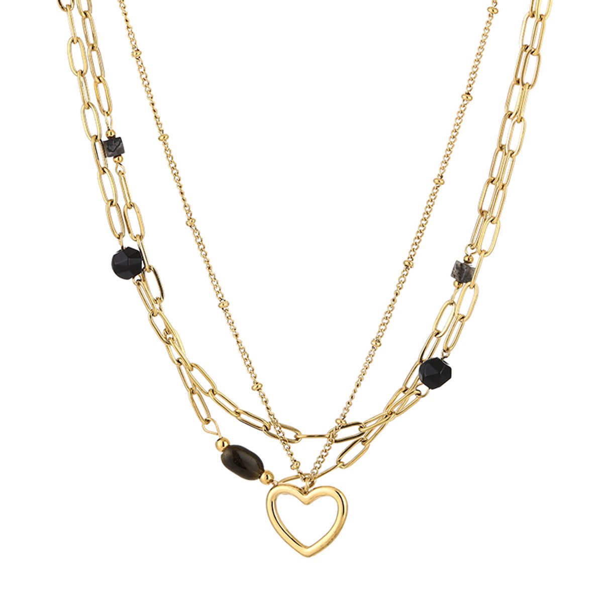 Dubbele Ketting Dames met Hartje & Stenen - Roestvrij Staal (RVS) - Layered Ketting 2-in-1 met Open Hart Hanger - Kralen Ketting 40+5 cm - Sieraden Cadeau Vrouw - Zwart