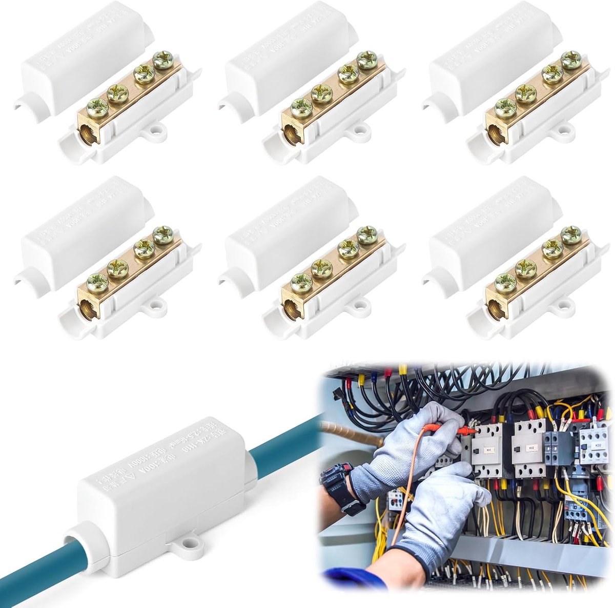 Draadconnector voor 2,5 tot 16 mm² draad, 6 stuks kabelverbinders, klemlijst, messing ladder, draadklemmenblok, ABS-behuizing, elektrisch klemblok (1000 V, 100 A)
