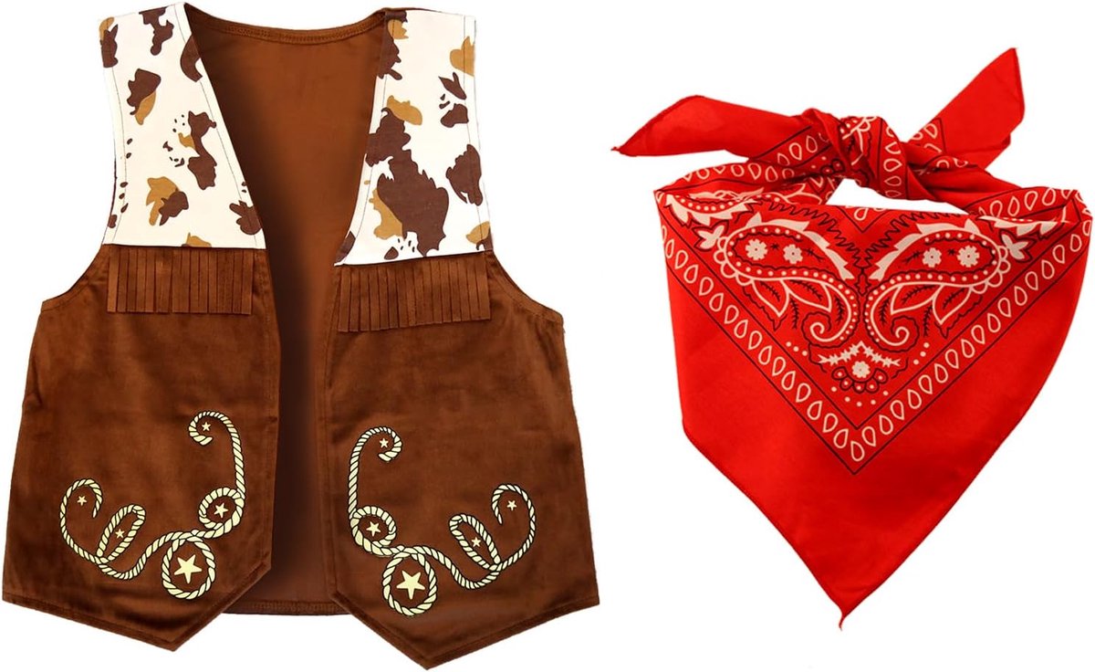 Kostuumset voor kinderen, cowboyoutfit met vest en bandana, westerse cosplay-outfit voor meisjes, Halloween, carnaval, Kerstmis, rollenspelkostuum voor kinderen van 3-11 jaar