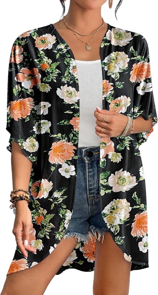 Dames chiffon/rayon strandblouses kimono vest lange bikini cover up