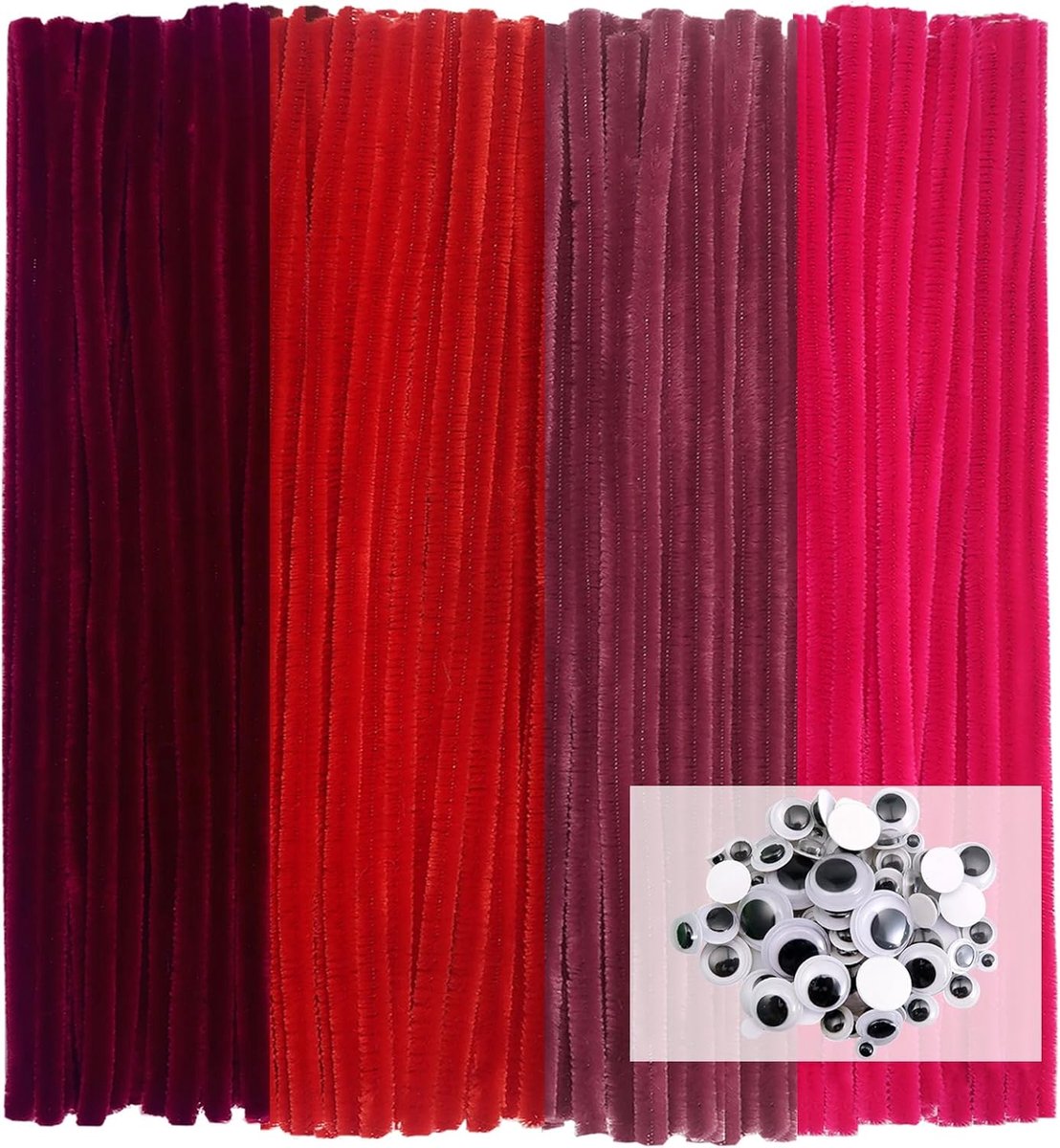 100 stuks Pijpenragers 4 Verschillende Rood Pijpenragers om te Knutselen Chenilledraad 30 cm x 6 mm met Zelfklevend Wiebelogen voor Creatieve doe-het-zelf Handwerk Decoratie