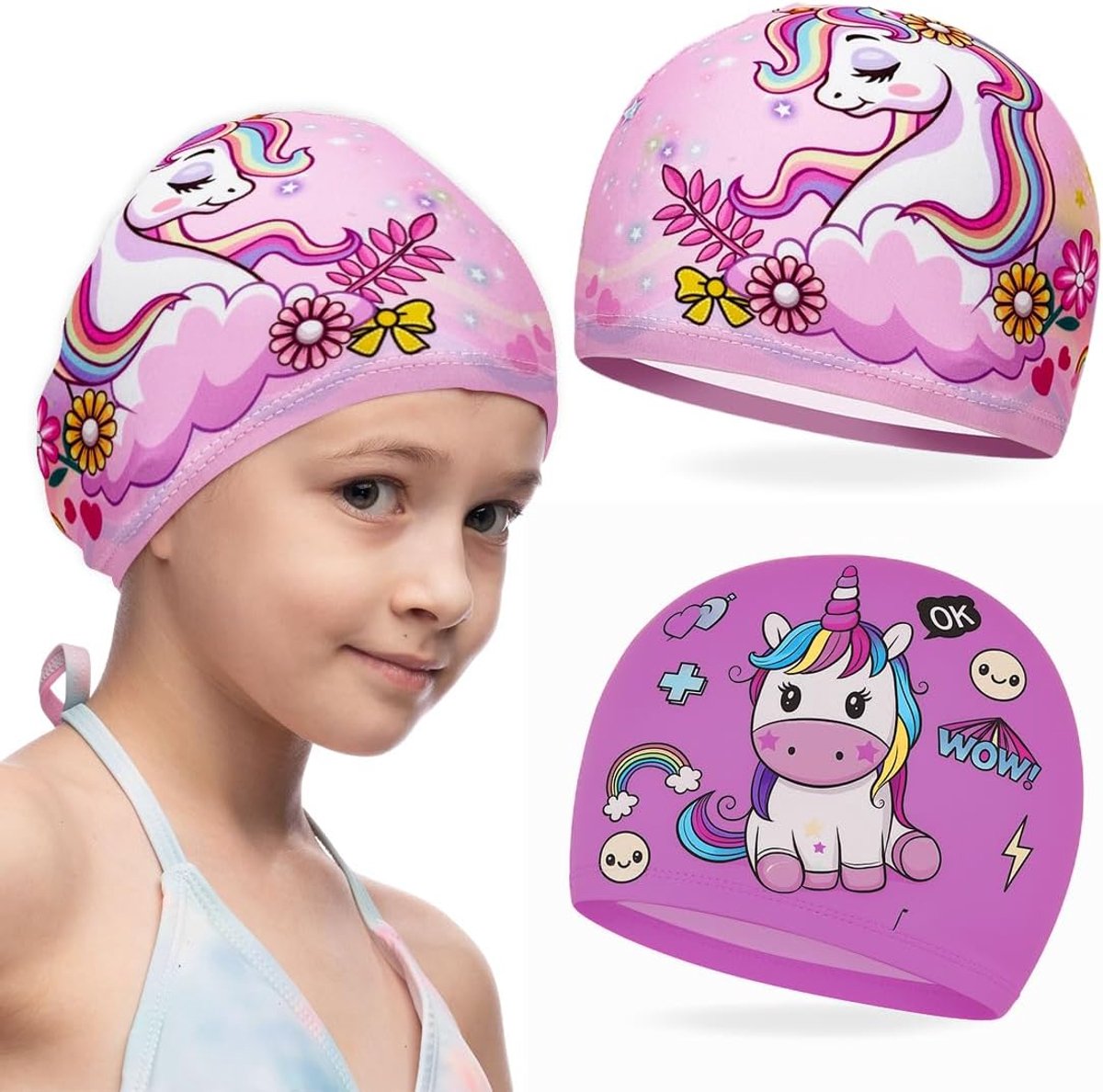 2 stuks badmuts voor kinderen van 2-12 jaar, zwemmuts cartoon design badmuts roze en meisjes zwembadmuts grappige zwembadmutsen