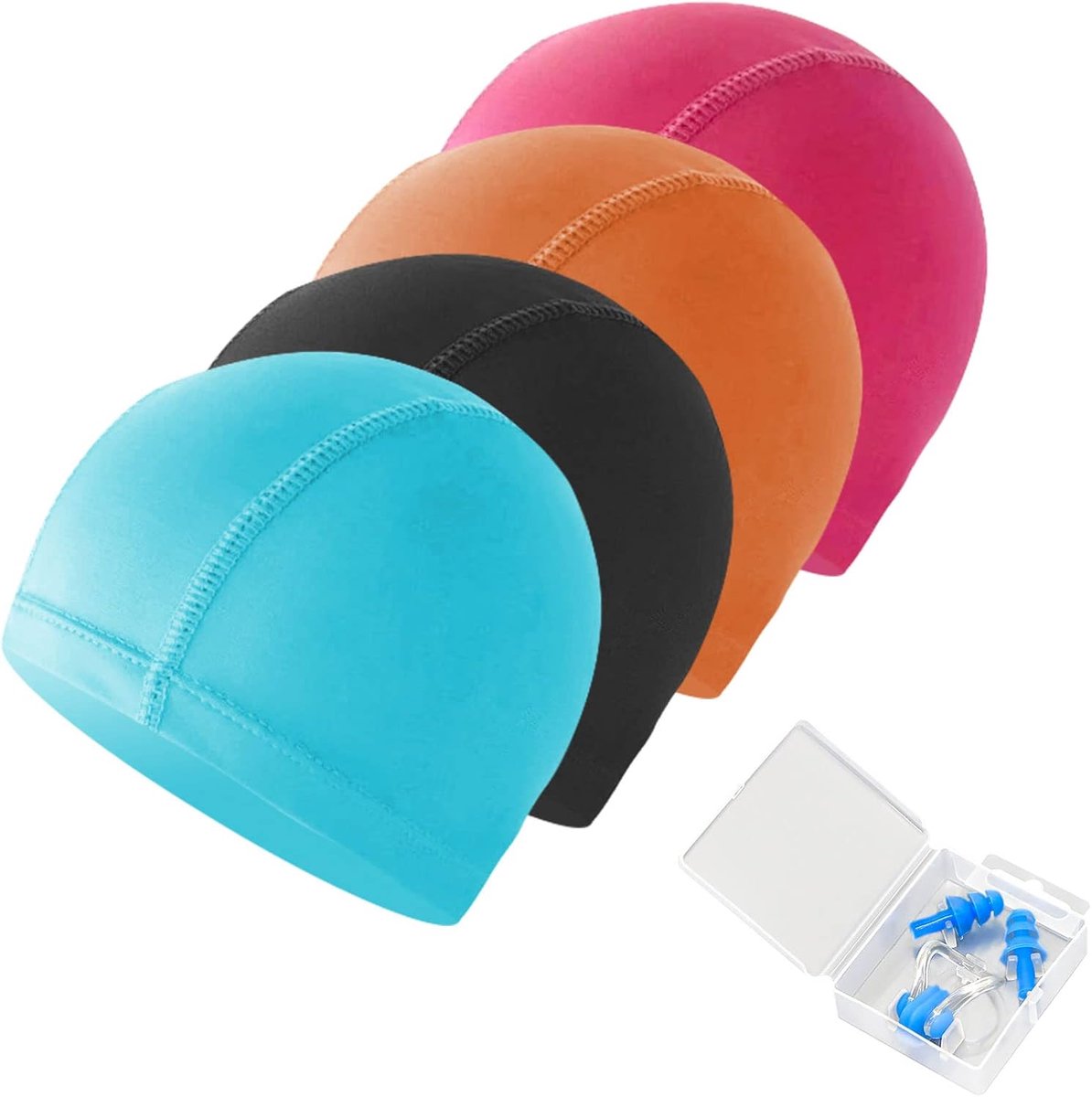 Zwemmutsen, komen met neusclip en oordopjes, elastische badmutsen, comfortabele stoffen badmuts, lichtgewicht badmutsen, gekleurde badmuts voor vrouwen mannen tijdens het zwemmen
