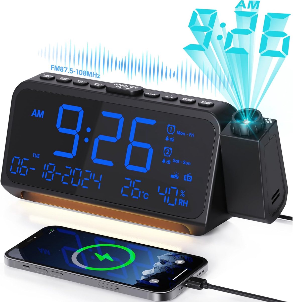 Radiowekker met projectie voor slaapkamer, type C en USB, dubbele wekker, DST-dimmer, temperatuur en datumweergave, digitale wekker