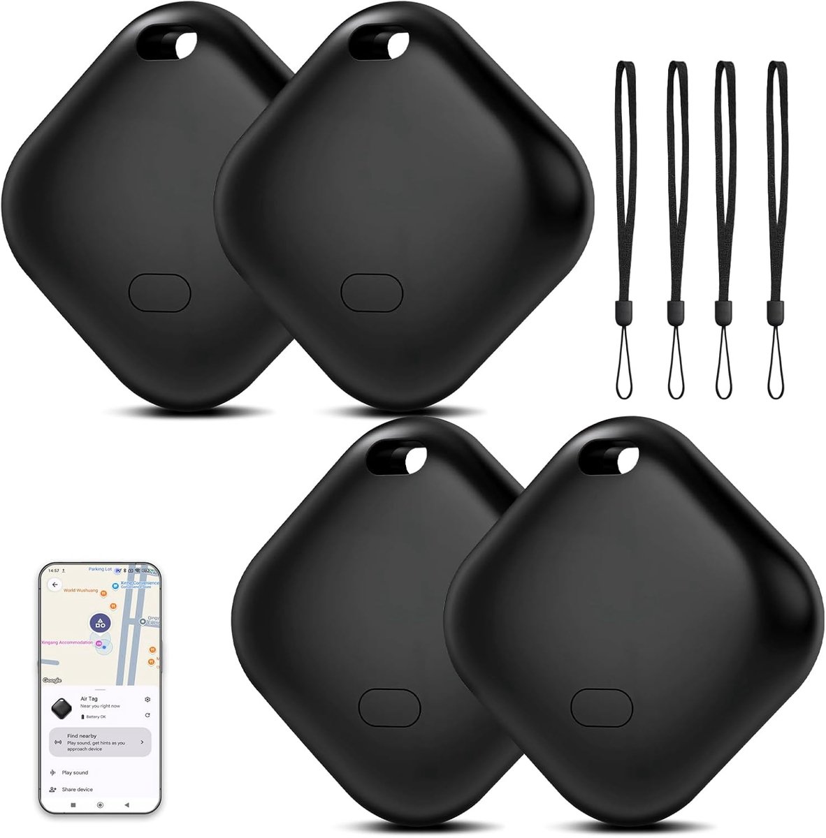Tag voor Android, 4 stuks sleutelzoeker KeyFinder compatibel met Google Find My Device (ALLEEN Android), Bluetooth-tracker voor koffers, rugzakken, portemonnees