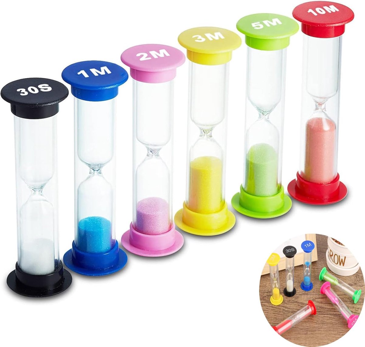 6 kleuren, zandloper, zandloper, zandloper, zandklok, timer, 30 sec, 1 minuut, 2 minuten, 3 minuten, 5 minuten, 10 minuten (pak van 6)