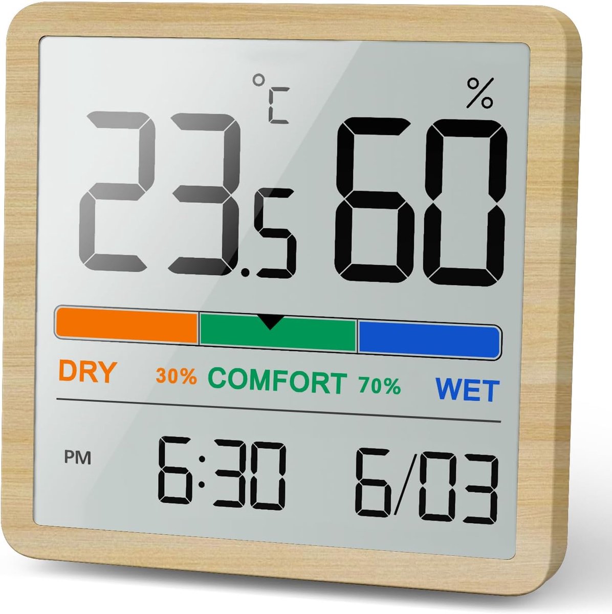 Digitale thermo-hygrometer, draagbare thermometer, hygrometer, voor binnen, met hoge nauwkeurigheid, temperatuur- en vochtigheidsmeter voor binnenklimaatbeheersing van ruimtes (Houten Korrel)