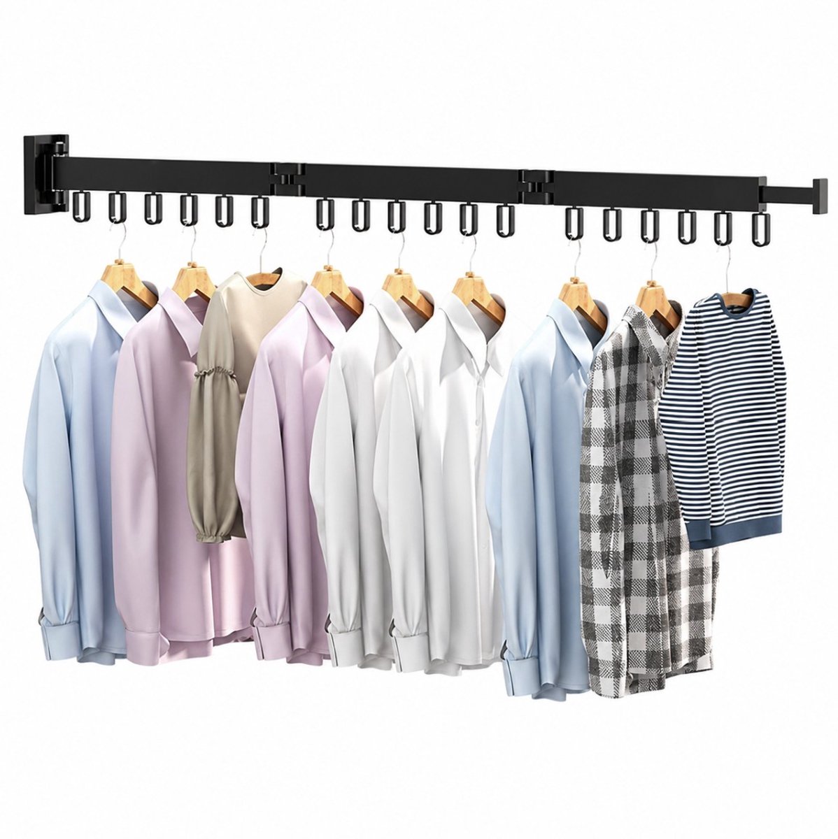 BSS® Wanddroogrek Inklapbaar 120 cm – Uittrekbaar Wandwasrek met 3 Niveaus – 18 Haken en Handdoekhouder – Ruimtebesparend Droogrek voor Balkon, Badkamer en Bijkeuken