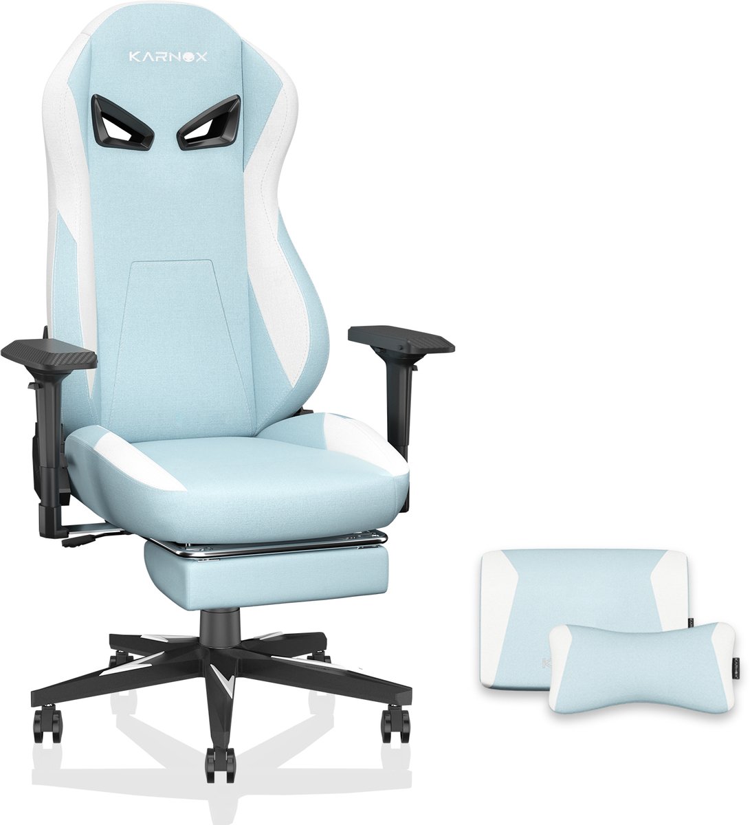 Ergonomische race-stoffen gaming stoel met voetensteun - Hoogteverstelbaar - Hoofdsteun - Lendensteun - Hoge rugleuning - Wit en blauw
