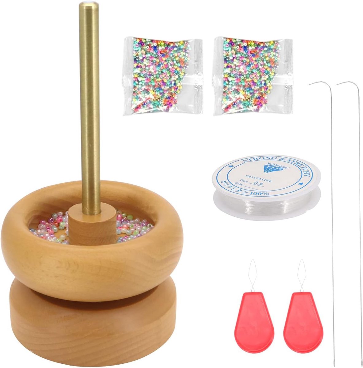 Kralenspinner met 2 kralen en naalden, houten spinner voor het maken van sieraden, kralensets met garenwinder voor knutselwerkjes en het maken van sieraden