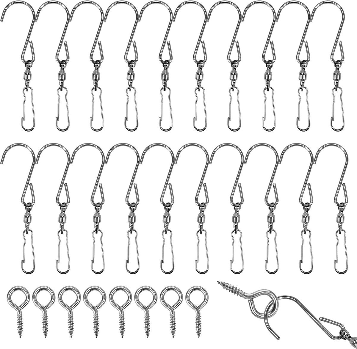 20 Pack Wind Spinner Swivel Haken Clips voor Hangende Planten 360 Graden Dubbele Windzak Clip Ketting Opknoping Haken Met 8 Plafond Schroeven Vogelvoeders Huizen Planters Manden Chimes Crystal